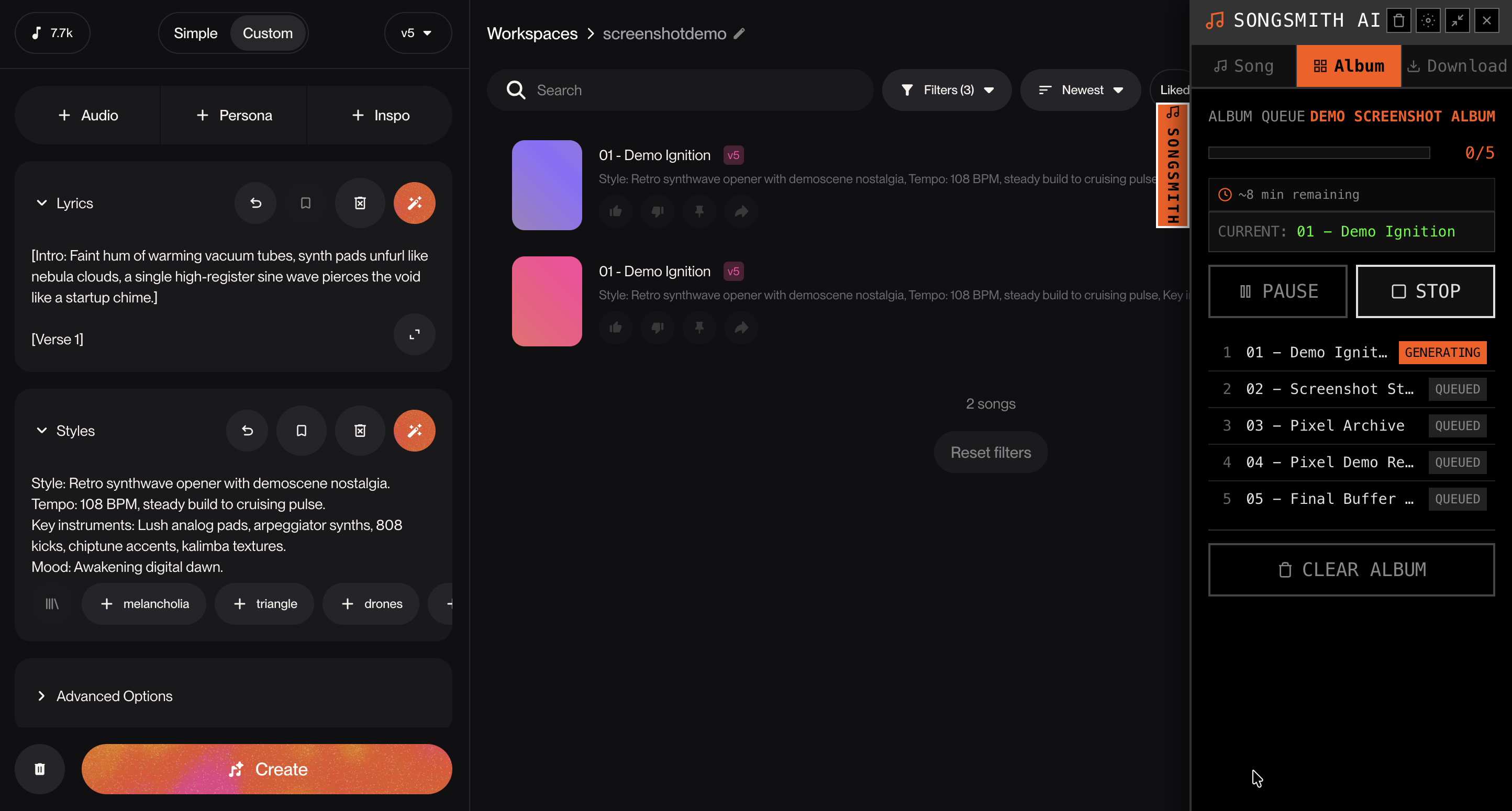 SongSmith sidebar panel generating songs on Suno
