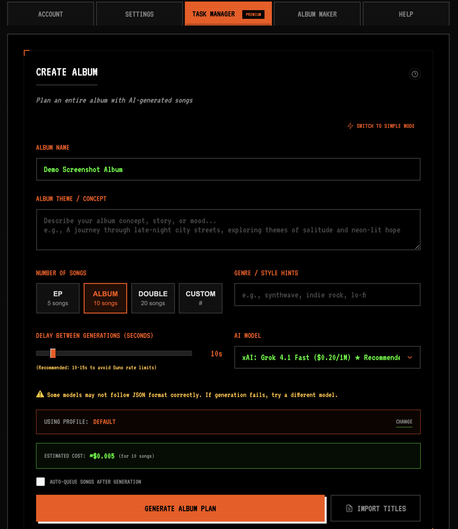 SongSmith Task Manager create album form